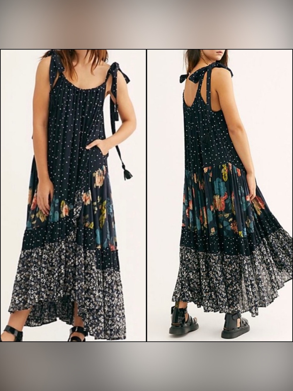 Free People Bare It All Mixed Print Maxi Dress Tiered Floral Polka Dot Boho